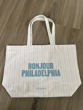 Sezane Canvas Tote in Cream with Blue Text and Pink Stripes